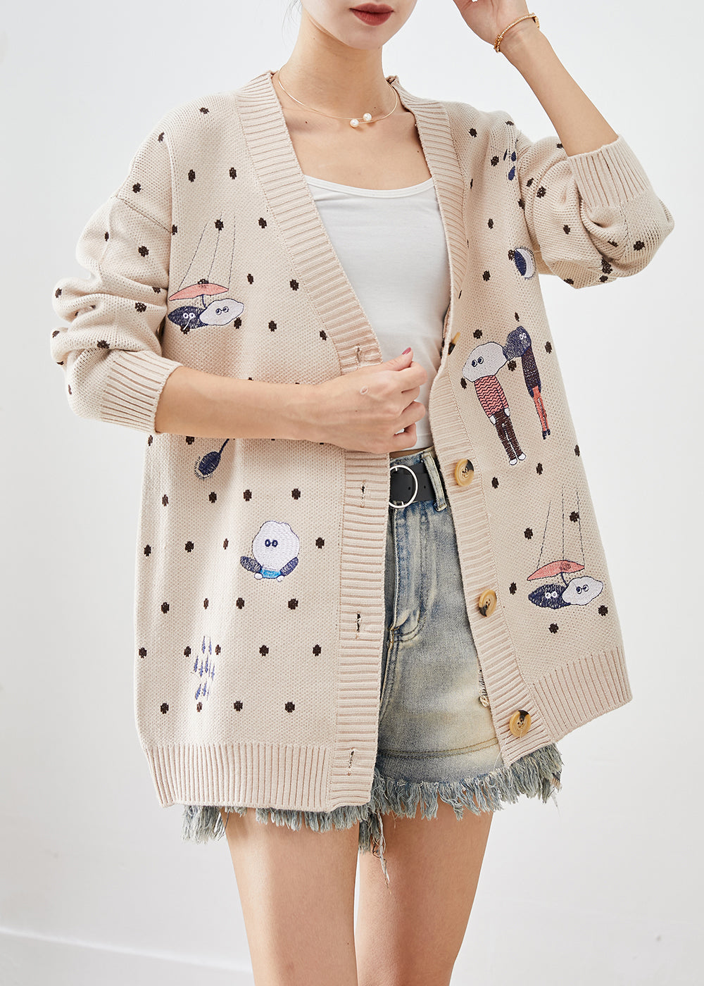 Handmade Beige Oversized Cartoon Print Knit Cardigan Fall