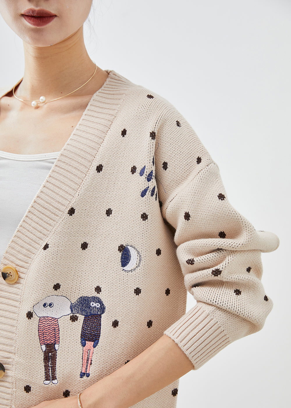 Handmade Beige Oversized Cartoon Print Knit Cardigan Fall