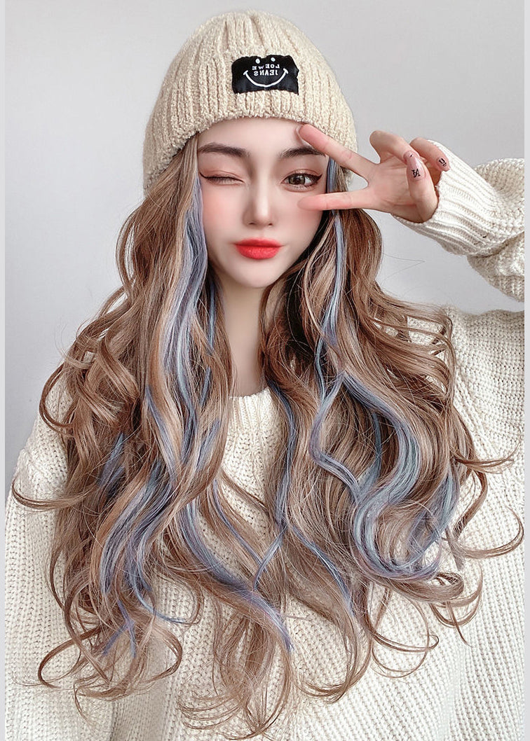 Handmade Beige Patchwork Gradient Color Long Curly Hair Knit Wig Hat