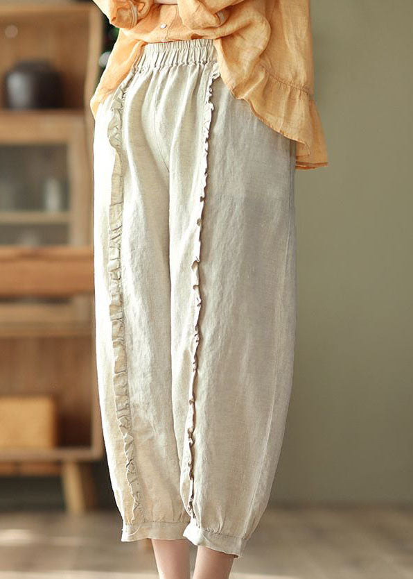 Handmade Beige Ruffled Patchwork Linen Crop Pants Summer