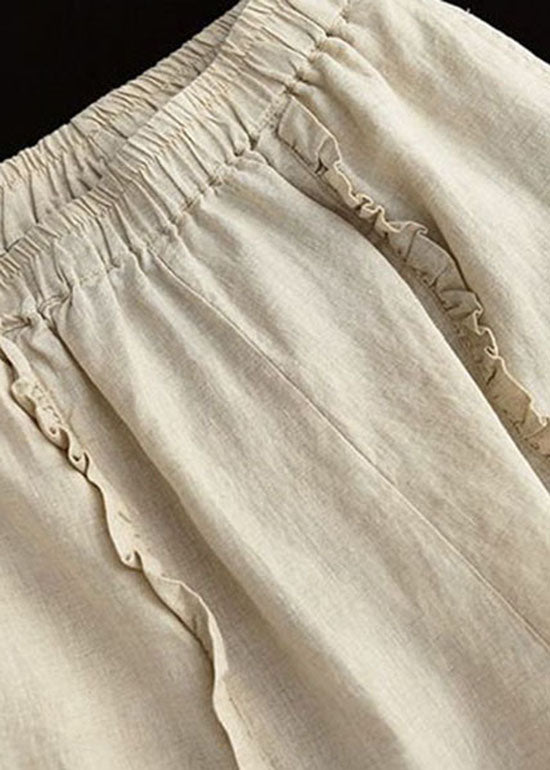Handmade Beige Ruffled Patchwork Linen Crop Pants Summer