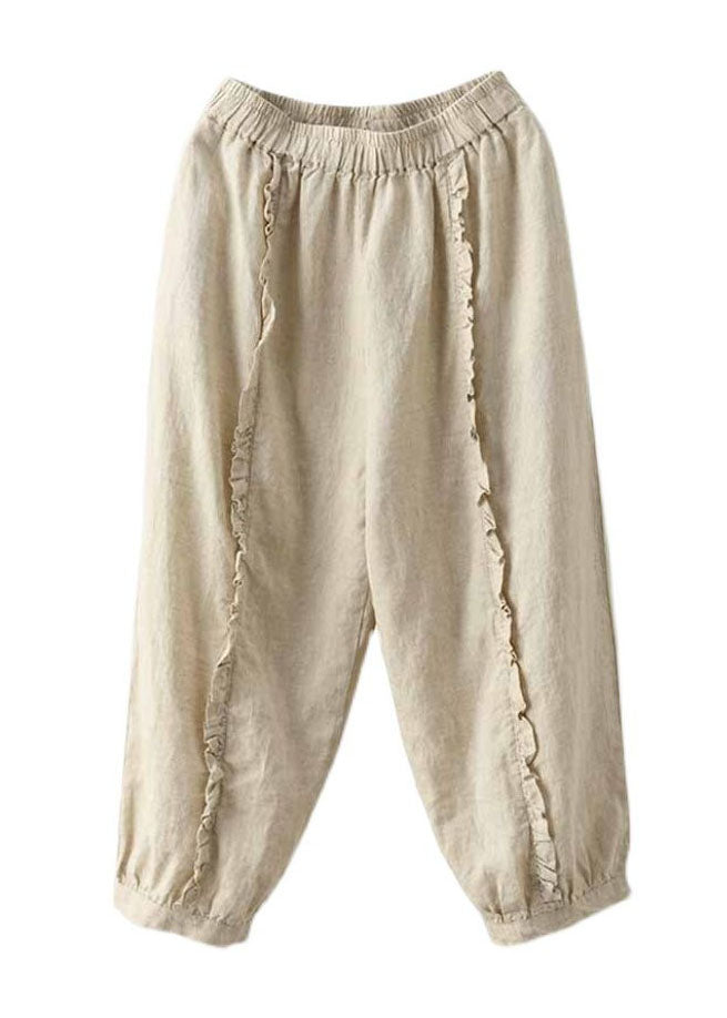 Handmade Beige Ruffled Patchwork Linen Crop Pants Summer