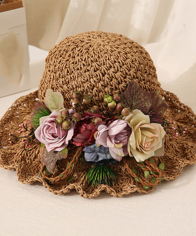 Handmade Beige Ruffled Straw Woven Floral Holiday Bucket Hat