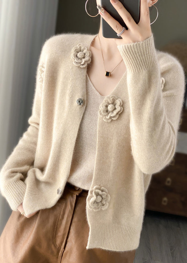 Handmade Beige V Neck Floral Crochet Cashmere Knit Cardigan Spring