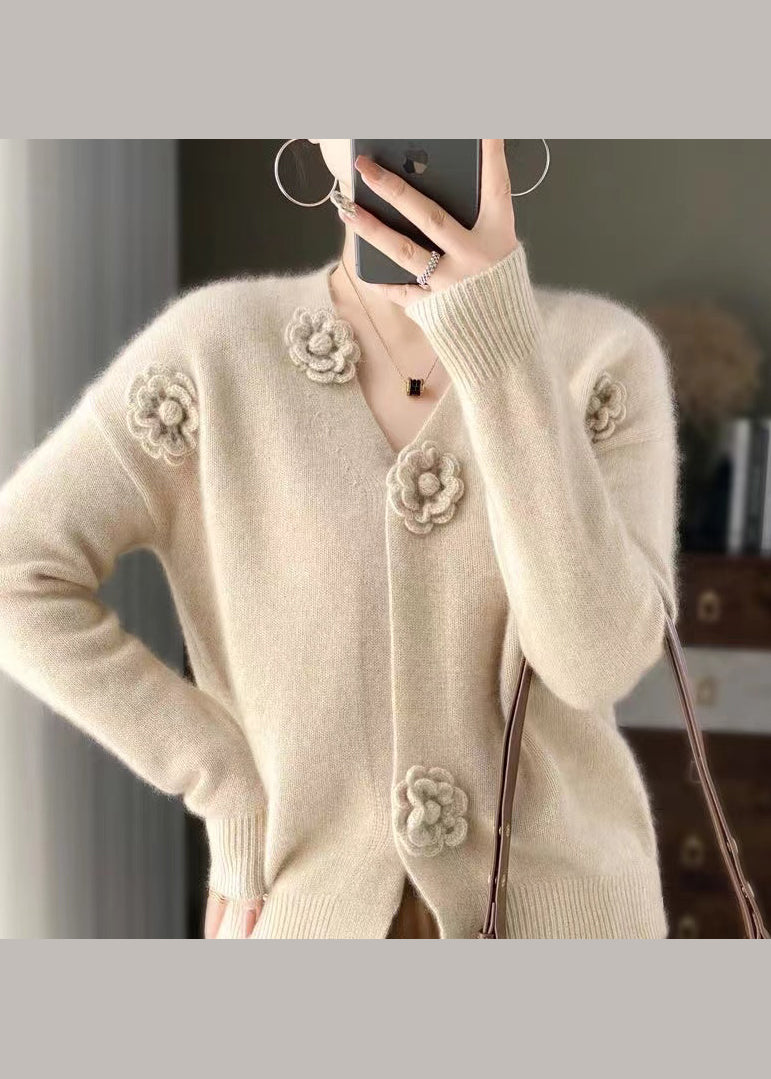 Handmade Beige V Neck Floral Crochet Cashmere Knit Cardigan Spring