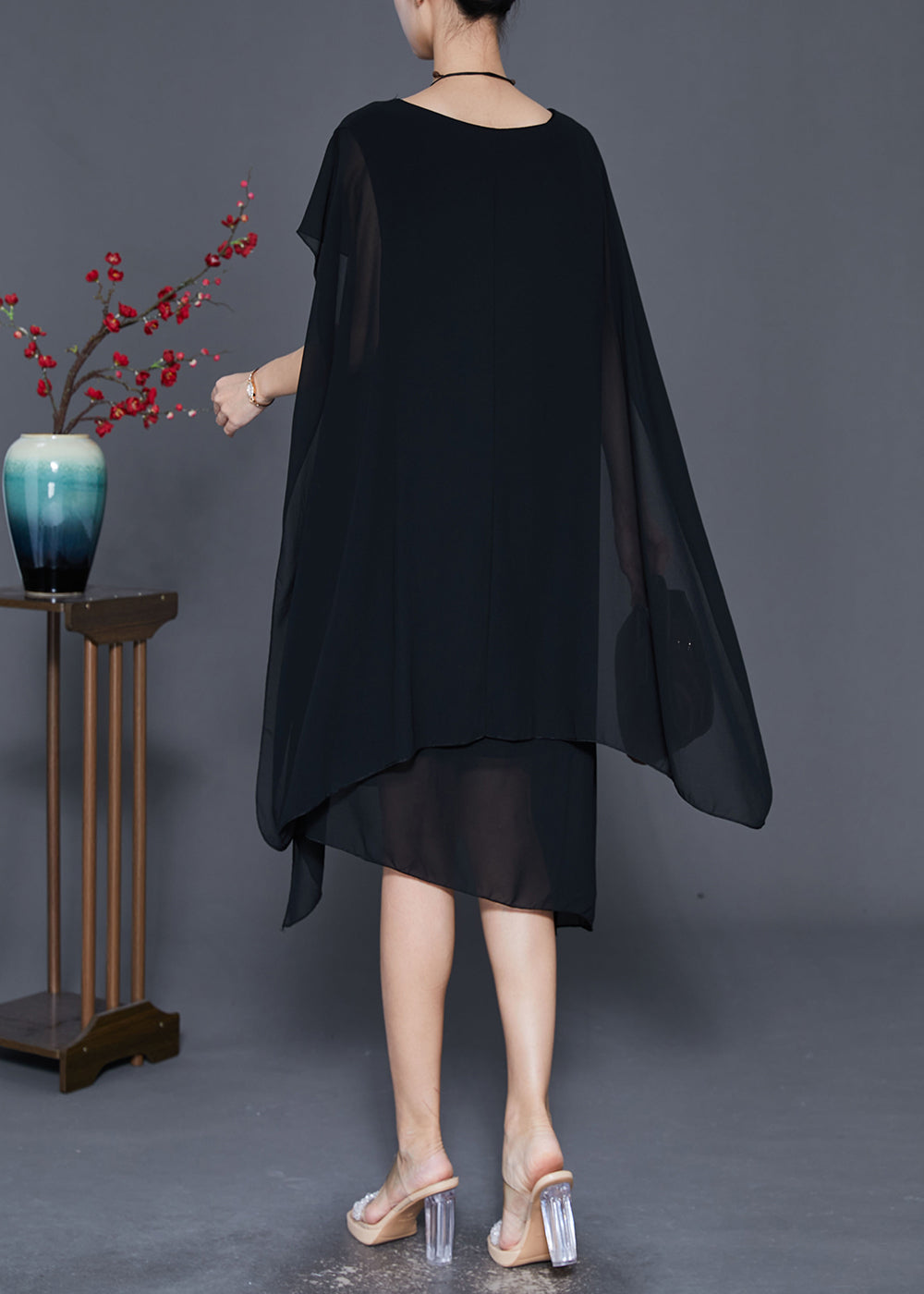 Handmade Black Asymmetrical Design Chiffon Maxi Dresses Summer