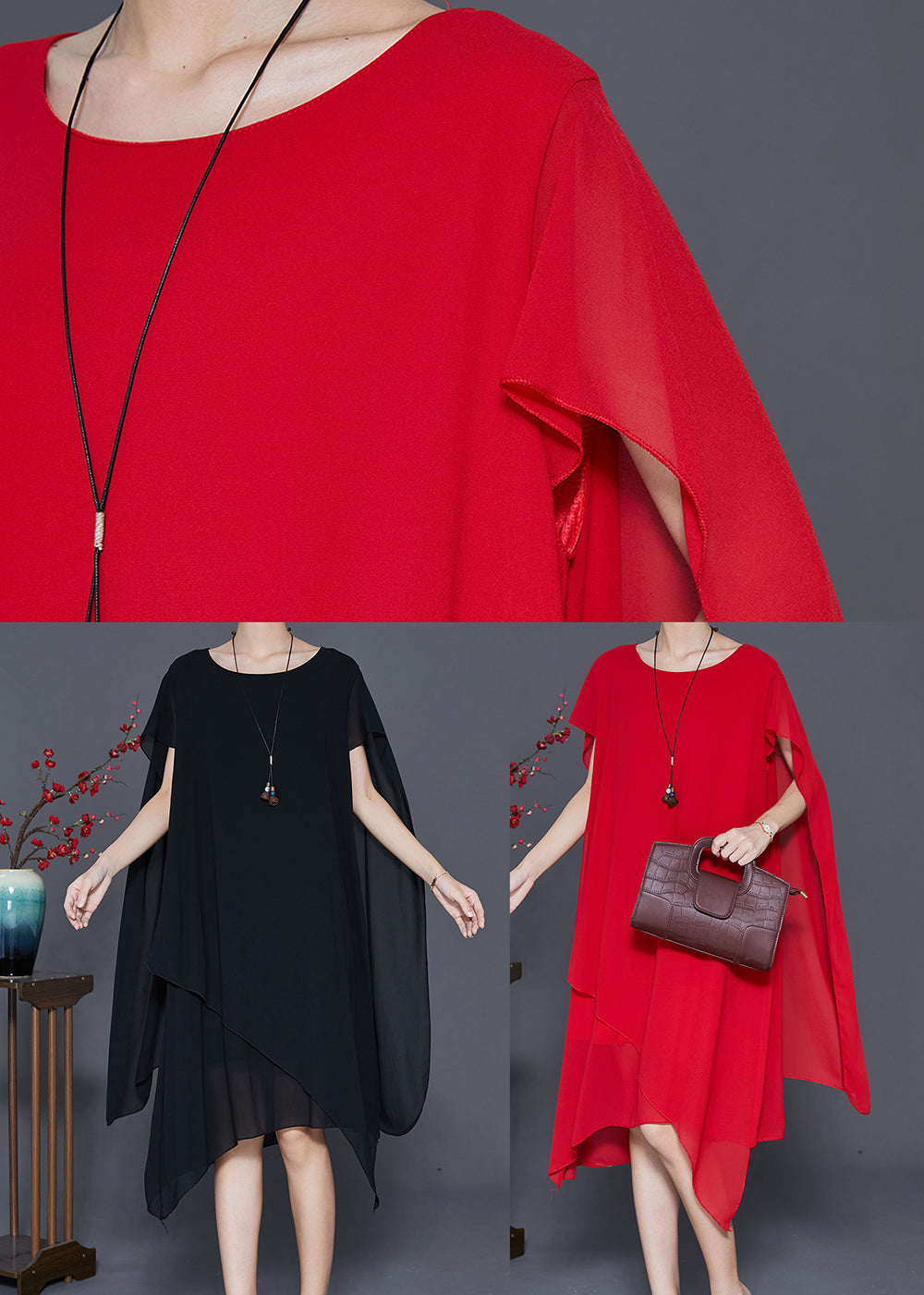 Handmade Black Asymmetrical Design Chiffon Maxi Dresses Summer
