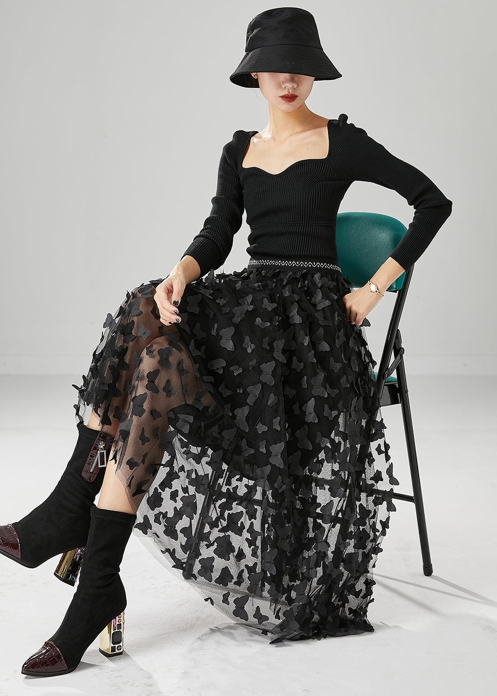 Handmade Black Butterfly Appliqued Tulle Skirts Fall