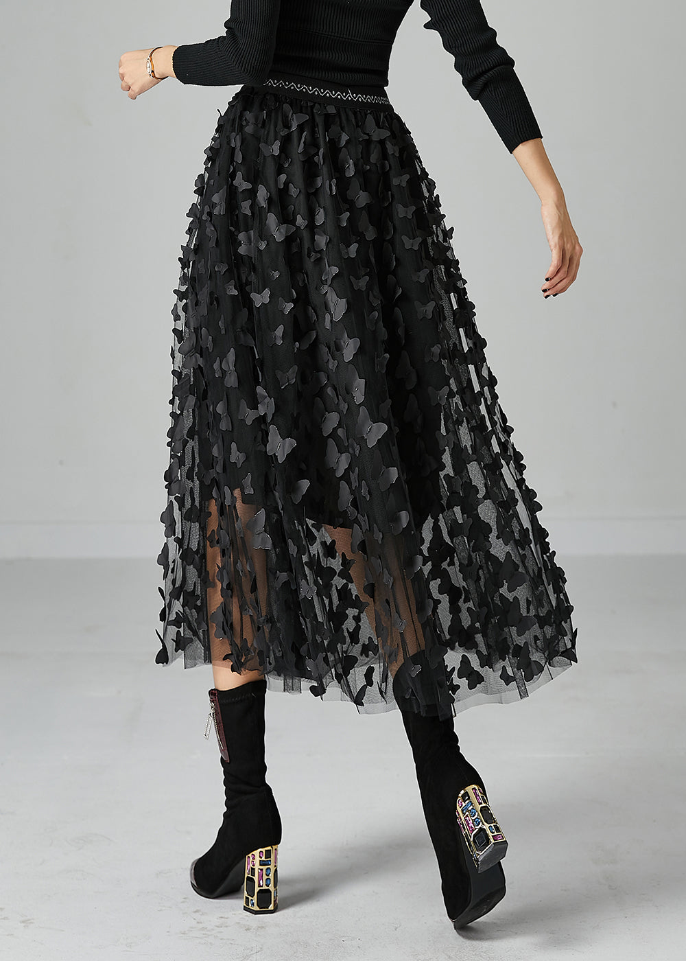 Handmade Black Butterfly Appliqued Tulle Skirts Fall