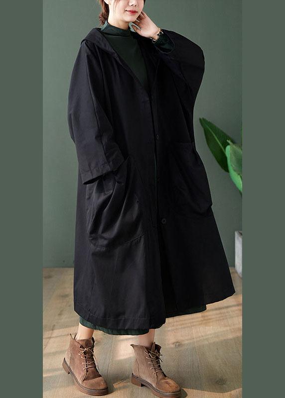 Handmade Black Button Pockets Loose Fall Long sleeve Hoodie Coat - Omychic