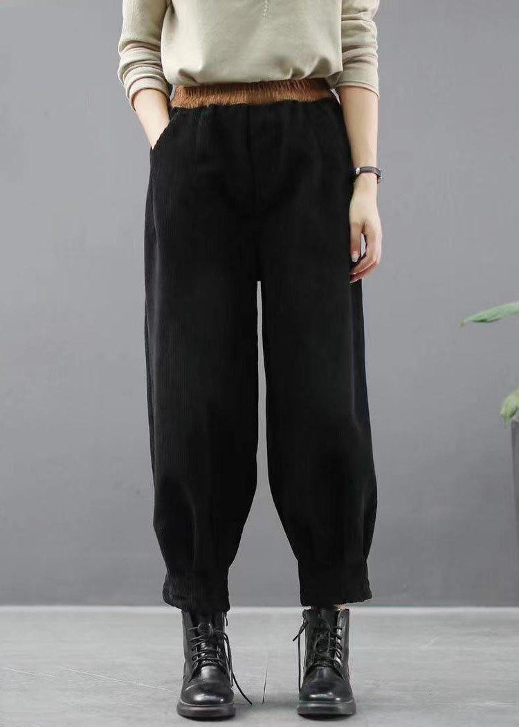 Handmade Black Casual Pockets Thick Harem Fall Pants - Omychic