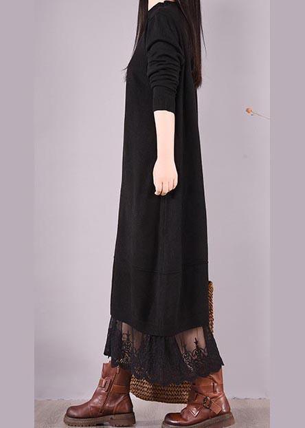 Handmade Black Clothes O Neck Patchwork Lace Kaftan Spring Dresses - Omychic