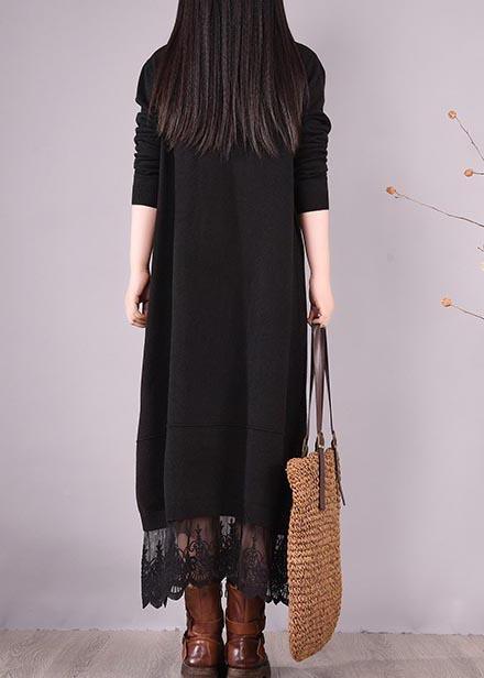 Handmade Black Clothes O Neck Patchwork Lace Kaftan Spring Dresses - Omychic