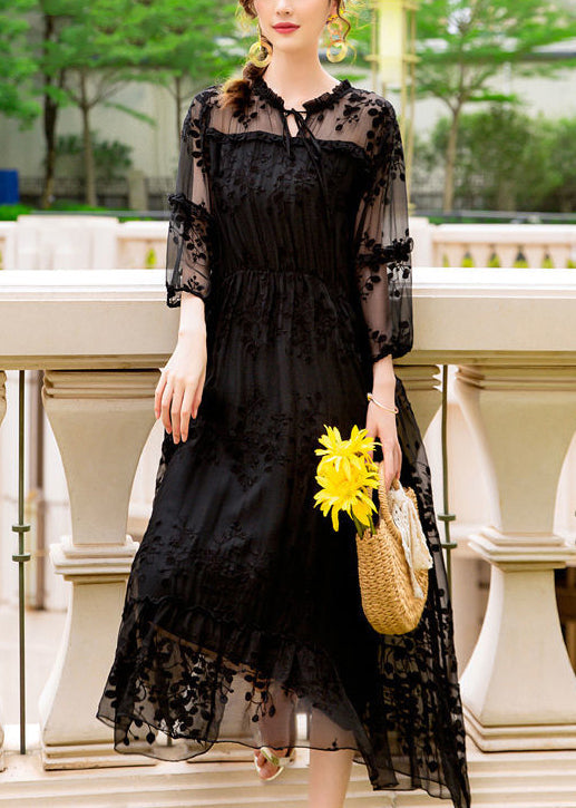 Handmade Black Embroideried Hollow Out Silk Dress Summer