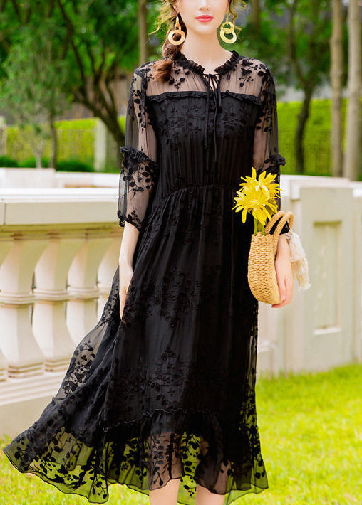 Handmade Black Embroideried Hollow Out Silk Dress Summer