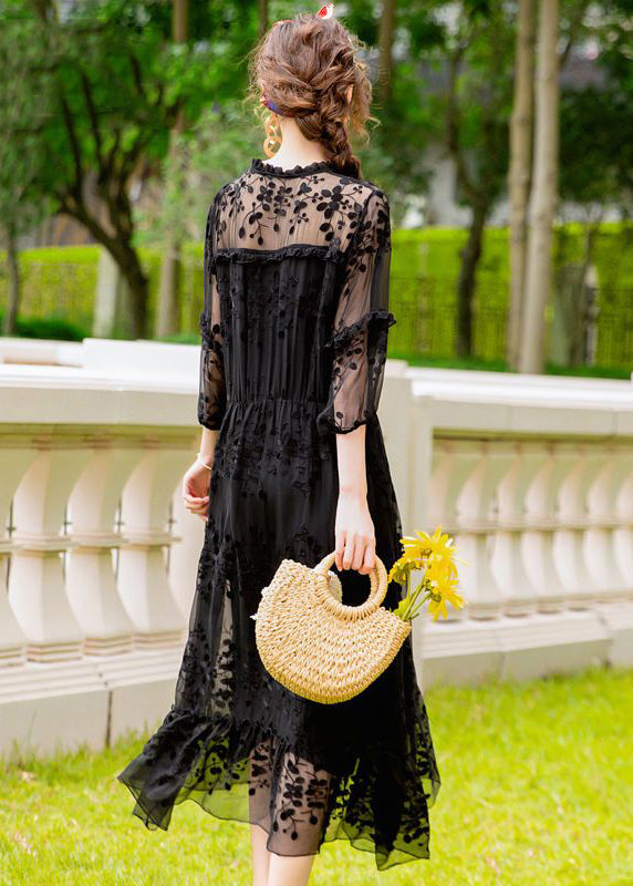 Handmade Black Embroideried Hollow Out Silk Dress Summer