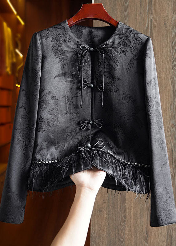 Handmade Black Embroideried Tassel Silk Top Fall