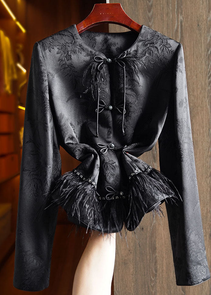 Handmade Black Embroideried Tassel Silk Top Fall