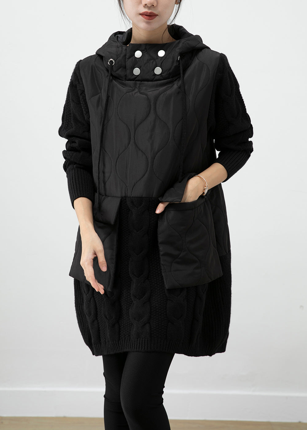 Handmade Black Hooded Knit Patchwork Warm Fleece Pullover Sweatshirt Dress Winter