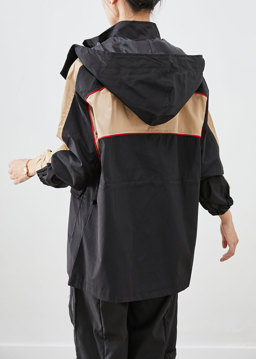 Handmade Black Hooded Patchwork Applique Spandex Jacket Fall