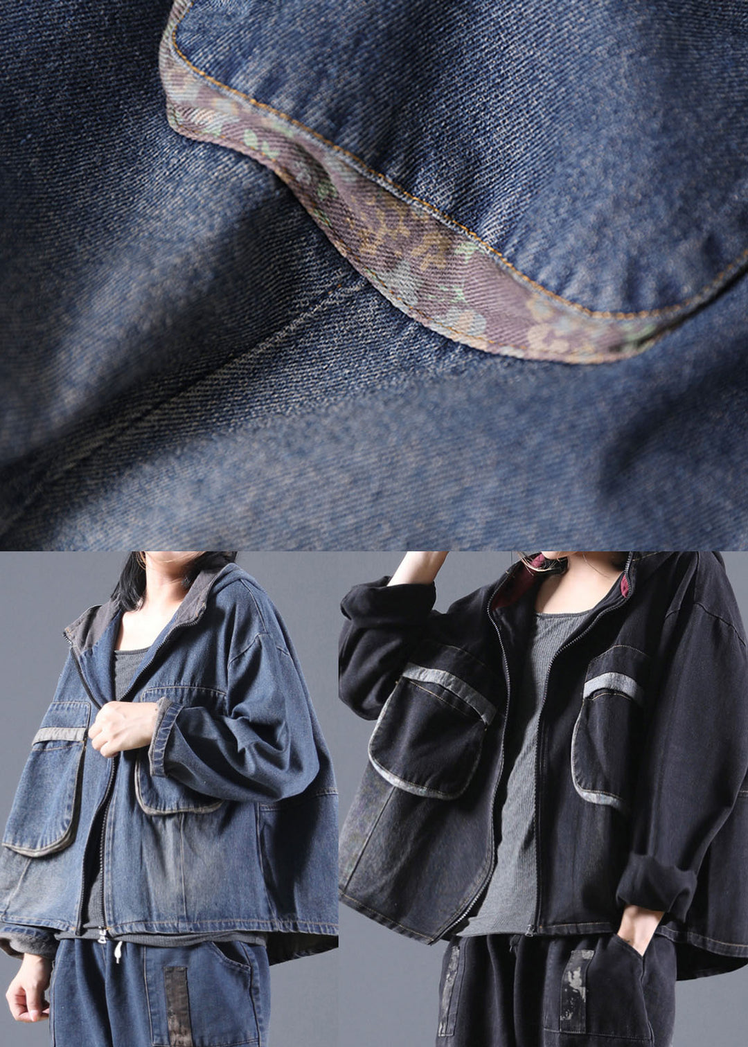 Handmade Black Hooded denim Coats Spring