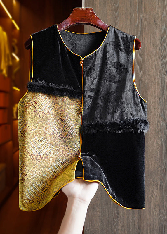 Handmade Black Jacquard Mink Hair Patchwork Silk Vest Sleeveless