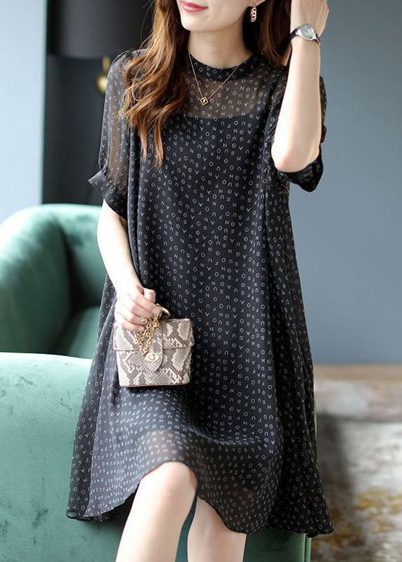 Handmade Black O-Neck Letter Print Chiffon Two Piece Set Summer