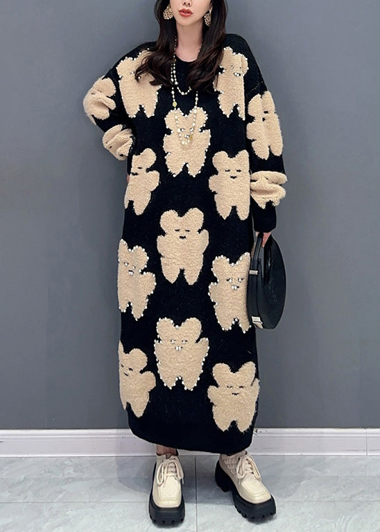 Handmade Black O Neck Little Bear Nail Bead Cotton Knit Long Dresses Fall