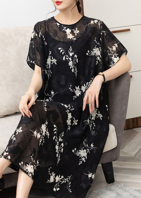 Handmade Black O Neck Print Patchwork Chiffon Dress Summer