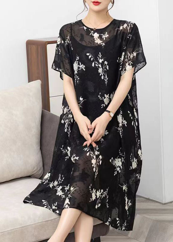 Handmade Black O Neck Print Patchwork Chiffon Dress Summer