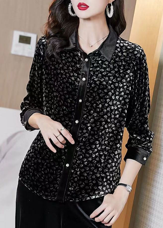 Handmade Black Peter Pan Collar Button Print Velour Top Spring