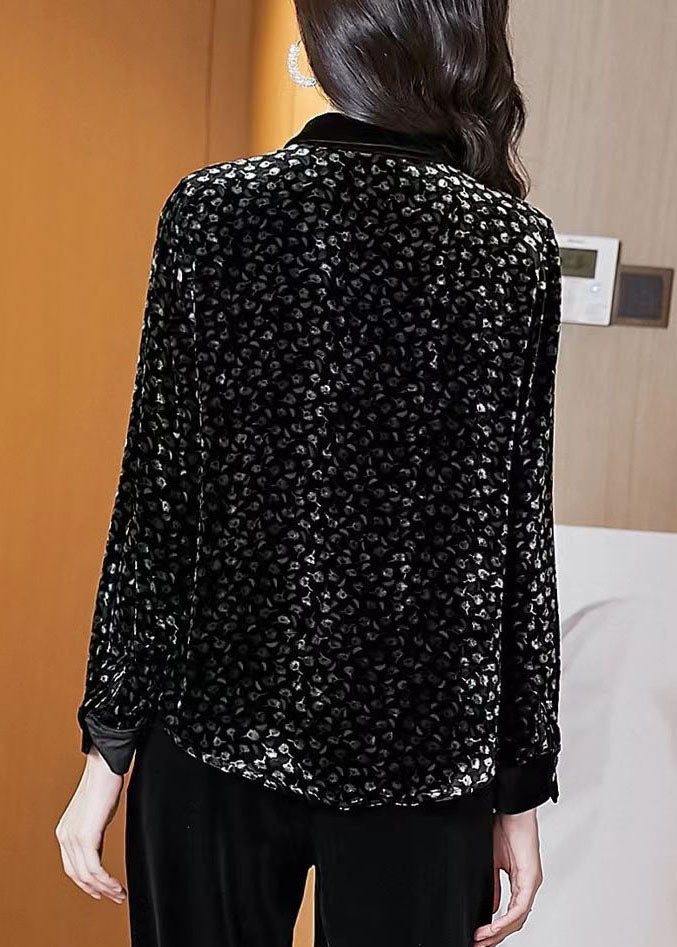 Handmade Black Peter Pan Collar Button Print Velour Top Spring