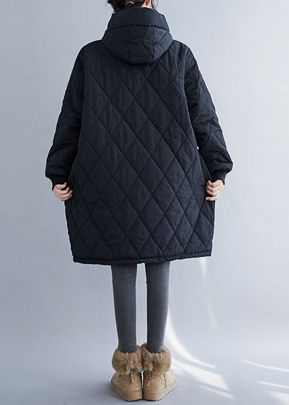 Handmade Black Plaid Patchwork Hooded Parka Coats Long Sleeve