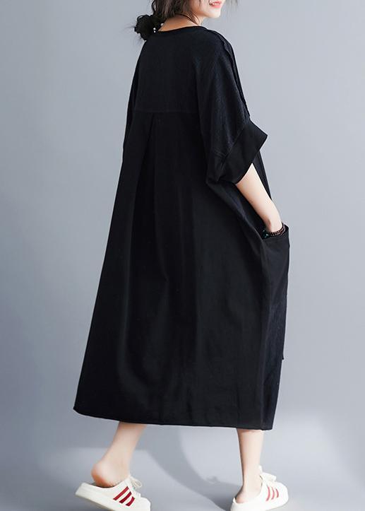Handmade Black Pockets Cotton Linen Summer Maxi Dress - Omychic