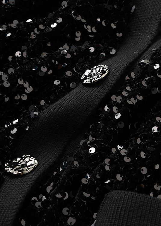 Handmade Black Sequins Button Pockets Cotton Coat Spring