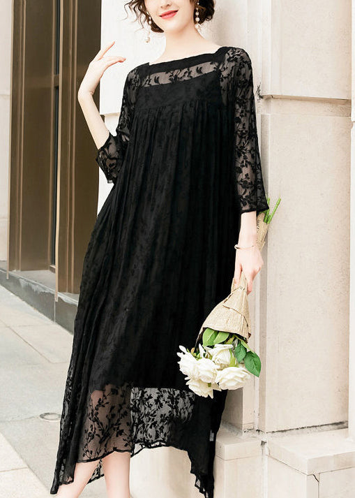 Handmade Black Square Collar Embroideried Silk A Line Dresses Summer