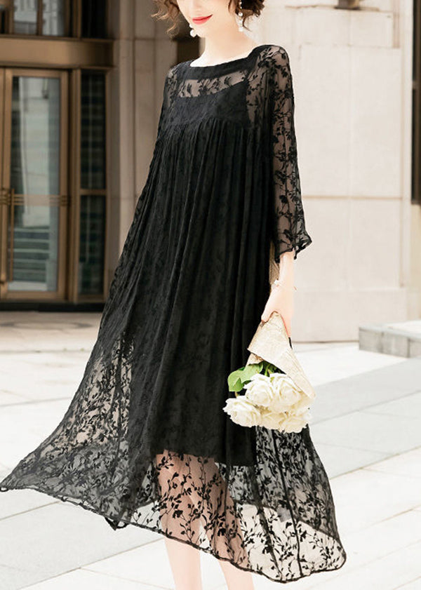 Handmade Black Square Collar Embroidered Silk A Line Dresses - Omychic