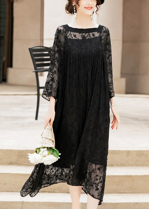 Handmade Black Square Collar Embroidered Silk A Line Dresses