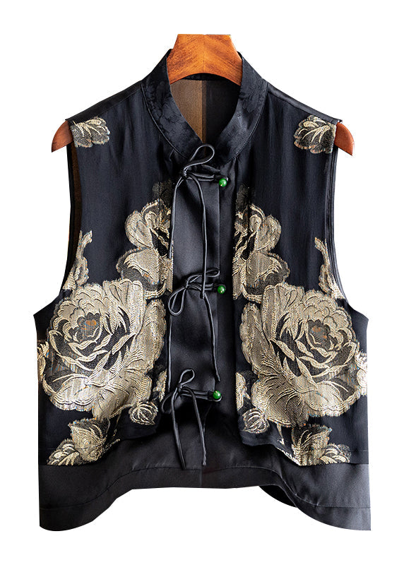 Handmade Black Stand Collar Embroideried Button Silk Cardigans Sleeveless