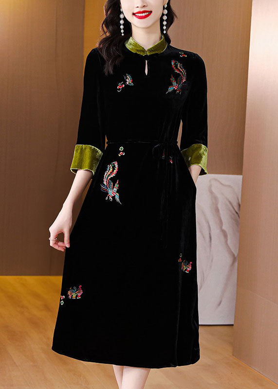 Handmade Black Stand Collar Embroideried Pockets Silk Velour Long Dresses Long Sleeve