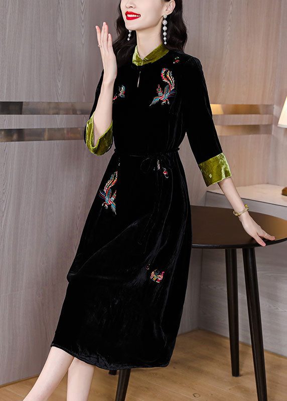 Handmade Black Stand Collar Embroideried Pockets Silk Velour Long Dresses Long Sleeve
