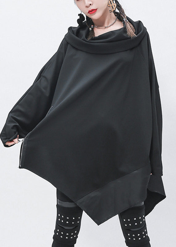 Handmade Black Turtleneck Asymmetrical Patchwork Zippered Low High Design Sweatshirts Batwing Sleeve