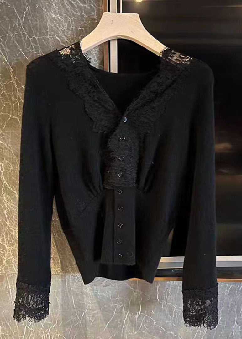 Handmade Black V Neck Lace Patchwork Cashmere Knitted Tops Spring
