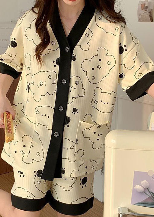 Handmade Black V Neck Print Cotton Pajamas Sets 2 Pieces Summer