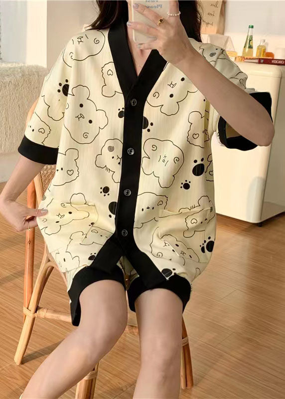 Handmade Black V Neck Print Cotton Pajamas Sets 2 Pieces Summer