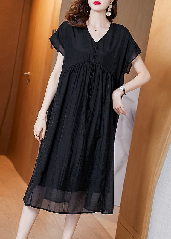 Handmade Black V Neck Wrinkled Patchwork Silk Dress Summer