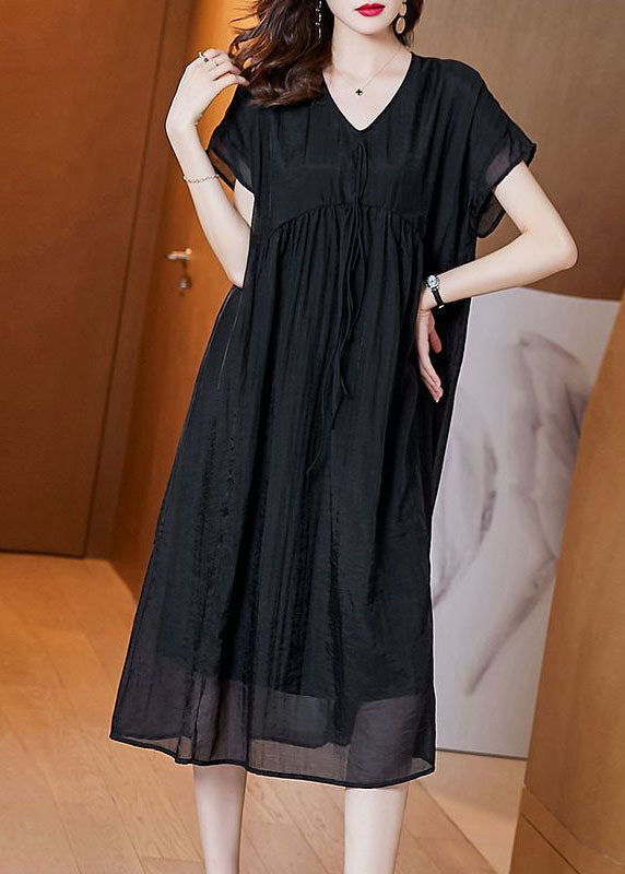 Handmade Black V Neck Wrinkled Patchwork Silk Dress Summer