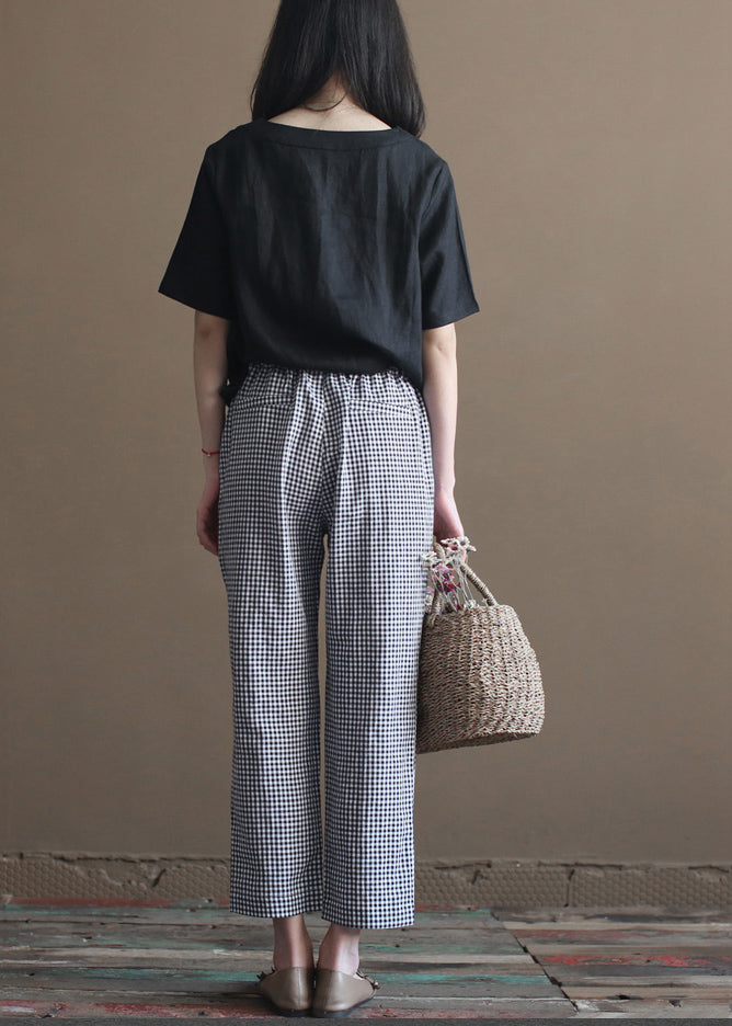 Handmade Black White Plaid Elastic Waist Pockets Linen Crop Pants Summer