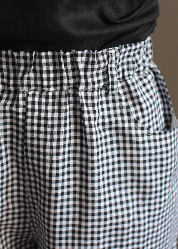 Handmade Black White Plaid Elastic Waist Pockets Linen Crop Pants Summer