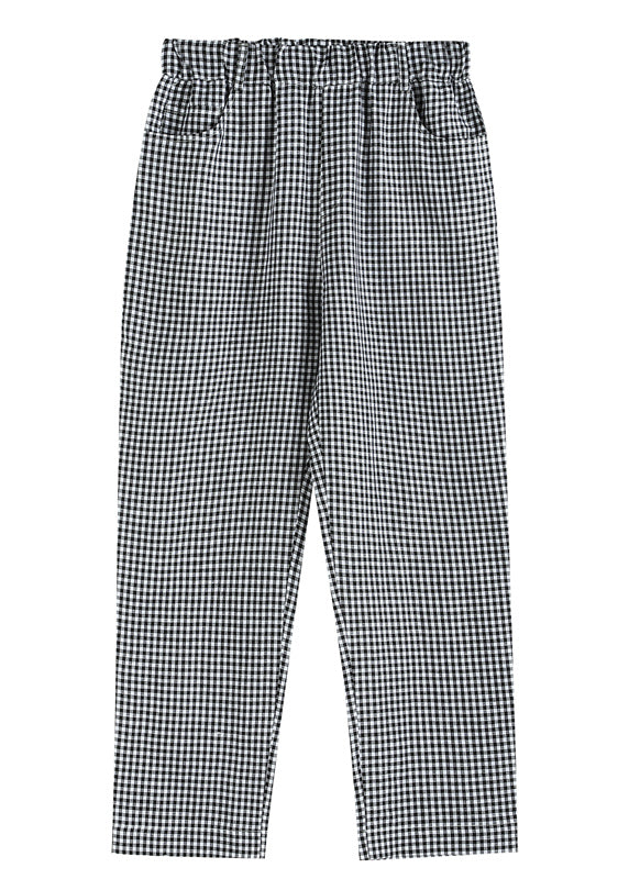 Handmade Black White Plaid Elastic Waist Pockets Linen Crop Pants Summer